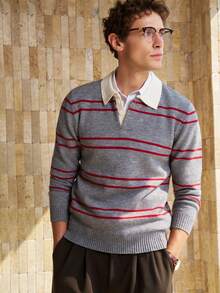 Airaco Vintage Coin Pattern Contrast Stripe Crew Neck Casual Pullover Sweater For Men - Dark Grey - View 5