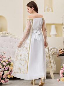 SHEIN Elegant Floral Embroidered Mesh Splice Off-Shoulder Cinched Waist White Long Robe,Summer Bridal Wedding Al-Adha Country Arabic Abaya Dress,Kids - White - View 2