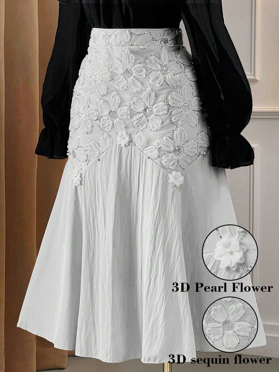 DreamSkyne 大码优雅3D立体花卉串珠刺绣半身裙 - 白色 - 查看 1