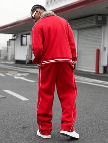 PAVTROS Men's Fashion Personalized Fur Collar Embroidered Sweatshirt And Sweatpants Casual Suit - Red - View 2