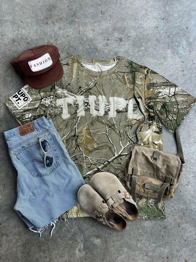 INAWLY Y2K街头风迷彩T恤，干叶迷彩，街头嘻哈T恤，复古美式街舞休闲迷彩T恤，休闲干叶迷彩T恤，原宿风，落肩圆领T恤，美式哥特摇滚，街头，休闲，百搭