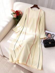 SHEIN Najma 宽松休闲圆领撞色缎带拼接长袖喇叭连衣裙 - 杏色 - 查看 11