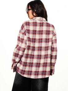 SUMWON WOMEN Oversized Plaid Flannel Shirt With Gothic Cross Print Button Down Collared Long Sleeve Fall Winter Casual Blouse - Red - View 2