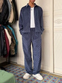 Manfinity Roghcode 男士格子复古休闲长袖衬衫长裤套装，秋冬男士两件套蓝色男士套装，男士两件套休闲西装Y2K运动服男士服装套装蓝色 - 寶藍色 - 查看 7