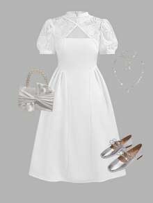 Firerie Kids Tween Girls Lace Puff Sleeve Waist Splice Dress, White, Elegant, Sweet, Cute, Fashion, Versatile, Suitable For Holidays And Parties - White - View 3