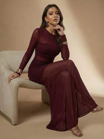 Silquee 女士优雅薄纱荷叶边修身鱼尾长裙，适合正式场合