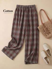 Rusticease 女士格子抽绳腰阔腿宽松休闲裤，适合新年和冬季穿着，款式多样，包括格子裤、格子运动裤、方格裤、棉质裤和冬季裤，颜色为棕色。 - 咖啡棕 - 查看 3