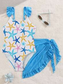 Sparklyn 女童海星印花连体泳衣，肩带荷叶边设计，时尚可爱，适合度假、游泳和夏季海滩穿着 - 藍色 - 查看 5