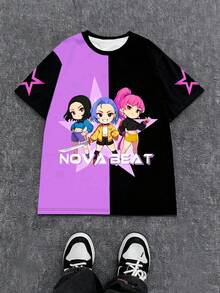 Sparklyn 1 Áo thun tay ngắn họa tiết cô gái Kpop dễ thương và sành điệu màu đen và tím, dáng rộng, phù hợp với mọi mùa - Xuân, Hạ, Thu, Đông, Món quà Giáng sinh tuyệt vời cho các bé gái tuổi mới lớn - màu đen - Xem 3