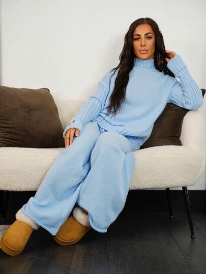 SAYEHFBABY 2 件套女士高领落肩长袖毛衣和针织长裤，休闲