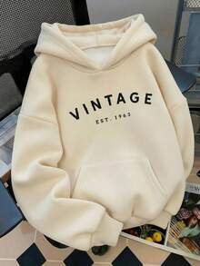 Mujer sudadera estilo vintage letras impresas diseño holgado capucha manga larga otoño invierno uso diario sudadera básica,impresión de la vendimia - Caqui - Ver 1