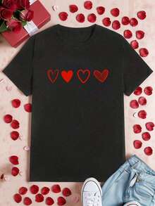 Camiseta de mujer estampada con ilustración lineal de corazones románticos - Negro - Ver 3