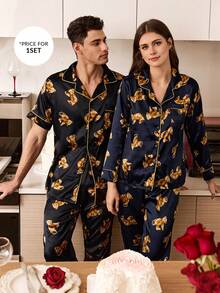 CoupledUp 可爱小熊印花撞色翻领男士家居服 - 黑色 - 查看 4