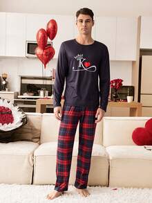 CoupledUp Conjunto de pijama a cuadros con eslogan en forma de corazón para parejas, pijama para hombres, conjunto de pijama, ropa de dormir, conjunto de pijamas a juego para parejas - Multicolor - Ver 7