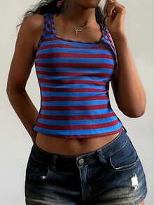 StreetHx Camiseta de punto de cuello cuadrado con rayas multicolor de moda para mujer - Multicolor - Ver 7