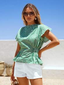 Vivid Eden Women's Round Neck Ruffle Sleeve Waist Pleated Plaid Blouse,Summer Outfit For Women,Summer,Summer Tops,Vacation,Women Plaid  Casual Shirt,Summer Check Green,Green Plaid Round Neck Cap Sleeve Elastic Waist Ruffle Blouse,Vacation,Vacation Style,Summer Beach Outfits, Preppy Tops, Peplum Top Women, Checkered Top, Green Top Women, Gingham Top, Summer Shirts Woman, Green Shirt Women,Spring To Summer - Green - View 3