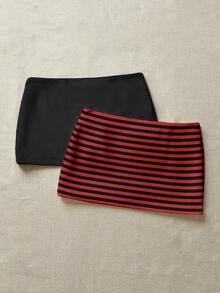 Attitoon 两件套黑色和黑/红条纹印花迷你裙套装，百搭性感，适合初秋、复古、学院风、可爱风、Y2K风、波西米亚风、嬉皮风、音乐节、秋冬季等各种场合。 - 彩色 - 查看 2