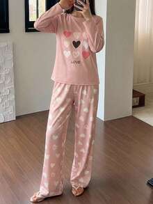 2pcs/Set Girls Plaid Pants & English Letter Print Long Sleeve Casual Homewear Set Pajama Sets Hearts - Multicolor - View 4