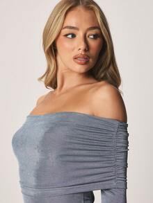 MISSGUIDED Off Shoulder Bardot Slinky Maxi Dress With Long Sleeves Ruched Hip Drape Bodycon Evening Party Formal Occasion - Blue - View 3