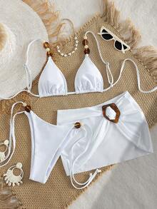 Bonvoyette 女士沙滩春夏音乐节白色亮片串珠短裙，优雅露背时尚比基尼三件套 - 白色 - 查看 5