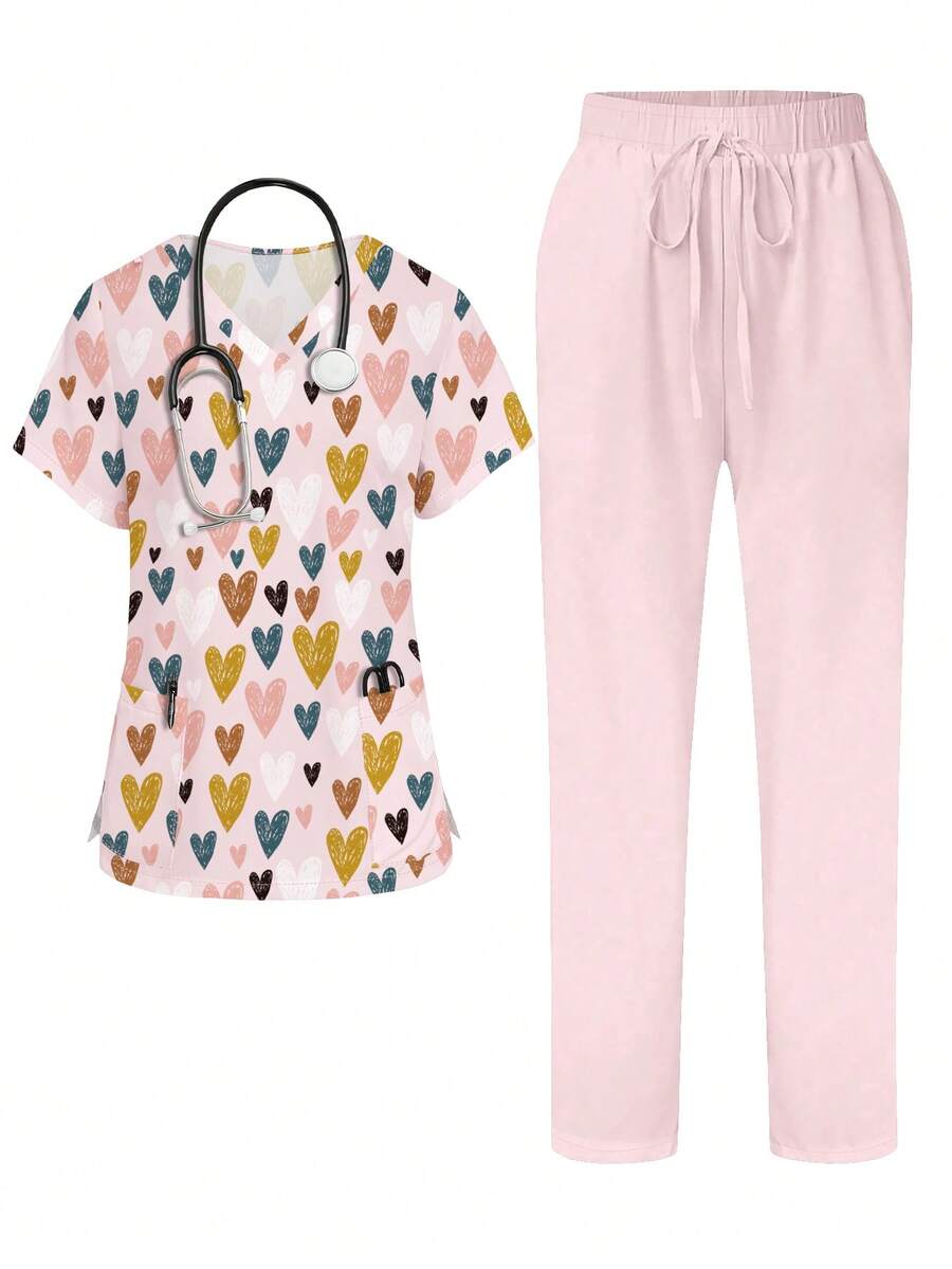 PopScrub Colorful Heart Print V-Neck Short Sleeve Pocket Nursing Uniform Set For Women, Fashionable For Spring/Summer