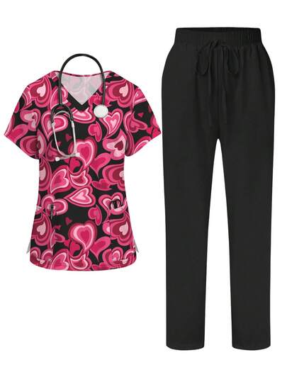 PopScrub Conjunto de uniforme de enfermería con bolsillo, cuello en V y manga corta con gráfico de corazón degradado, con abertura lateral para mujer, primavera/verano
