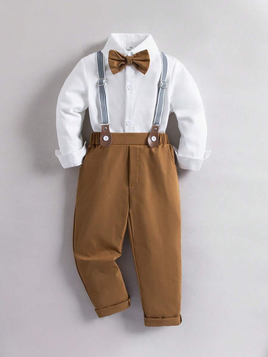 Souflis Souflis 2pcs Young BoyGentleman Set: Shirt Collar, Bow Tie, Suspender Pants - Brown - View 1