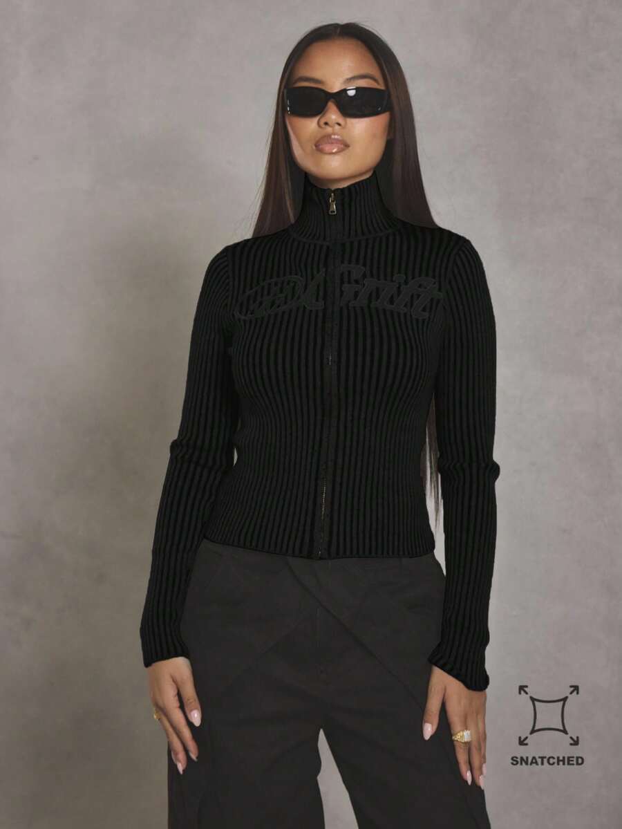 MUSERA 撞色罗纹标语高领拉链开衫，酷女孩、街头风、日常、冬季、学院风、1997年晚宴派对优雅春季款 - 黑色 - 查看 1