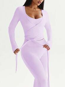 Sovereign Charm Bộ đồ thể thao nữ 3 món, gồm áo thun dài tay, áo hai dây điều chỉnh được và quần ống rộng cạp cao, thích hợp cho mặc thường ngày, chạy bộ, yoga, tập gym, tennis, mọi mùa. - Màu tím - Xem 8