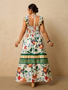 Travachic Plus Size Women's Tropical Floral Print Maxi Dress, V-Neck Flutter Sleeve Cinched Waist A-Line Long Dress, Romantic Vacation Dress For Early Spring - Multicolor - View 2