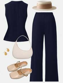 Girlism 少女无袖上衣和裤子套装，金属纽扣闭合，优雅复古风格 - 藏蓝色 - 查看 2