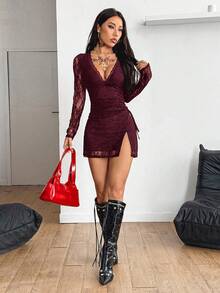 Coolane Women's Summer Vacation Outfits  Hippie Y2K Party Grunge Punk V-Neck Lace Long Sleeve Elegant Mini Red Dresses - Red - View 4
