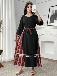 SHEIN Teen Girl Striped Patchwork Round Neck Long Sleeve Tassel Design Dress - Grey - View 5