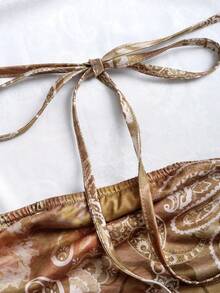 Sweetra Women's Paisley Print Summer Draped Neck Side Ruched Waist Slim Fit Bodycon Mini Dress, Sexy Boho Beach Holiday Style - Coffee Brown - View 5