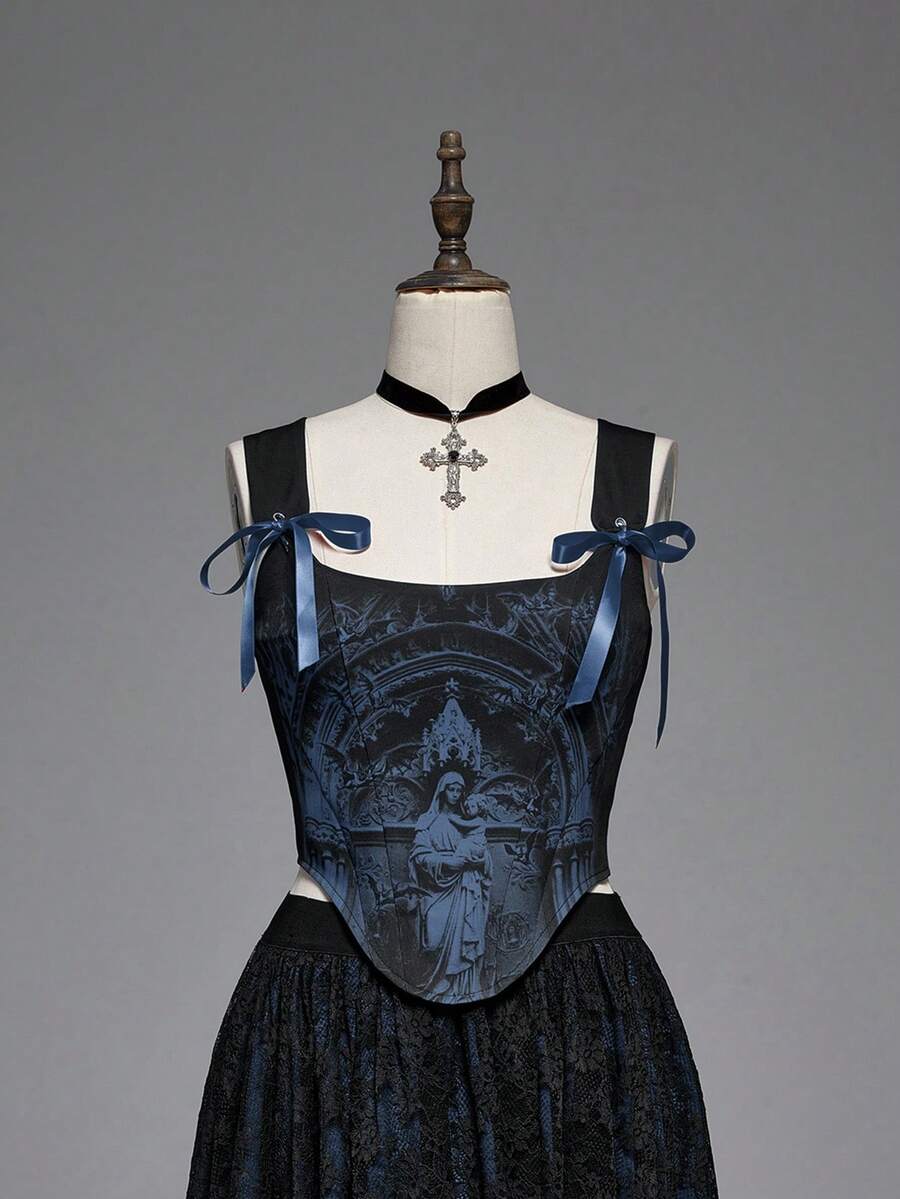 ROMWE Gothic Medieval Palace Style Church & Castle Print Contrast Color Low-Cut Fitted Lace-Up Camisole - Blue - View 1