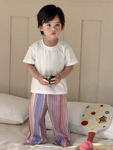 DAZY 2pcs/Set Toddler Boys' Casual Round Neck T-Shirt And Striped Pants Comfortable Pajamas - White - View 10