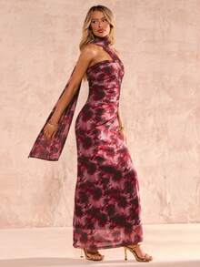 Glamine 网纱印花露背优雅度假风显瘦腰身女士中长连衣裙 - 黑色 - 查看 4