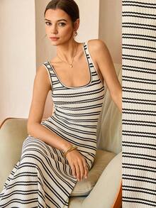 Robe longue minimaliste Lymera, nouvelle mode décontractée, généreux design col en U, texture à rayures bicolores noir et blanc, tissu bicolore apricot - Multicolore - Voir 1