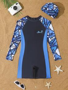 两件套男童连帽拉链泳衣，蓝白印花图案，充满海滩风情，适合度假，开启夏日时尚之旅 - 藍色 - 查看 2