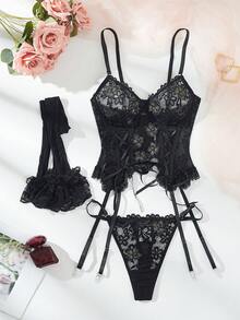 SHEIN 4 Pieces Romantic Lace Women's Sexy Lingerie Set For Going Out - Black - View 1