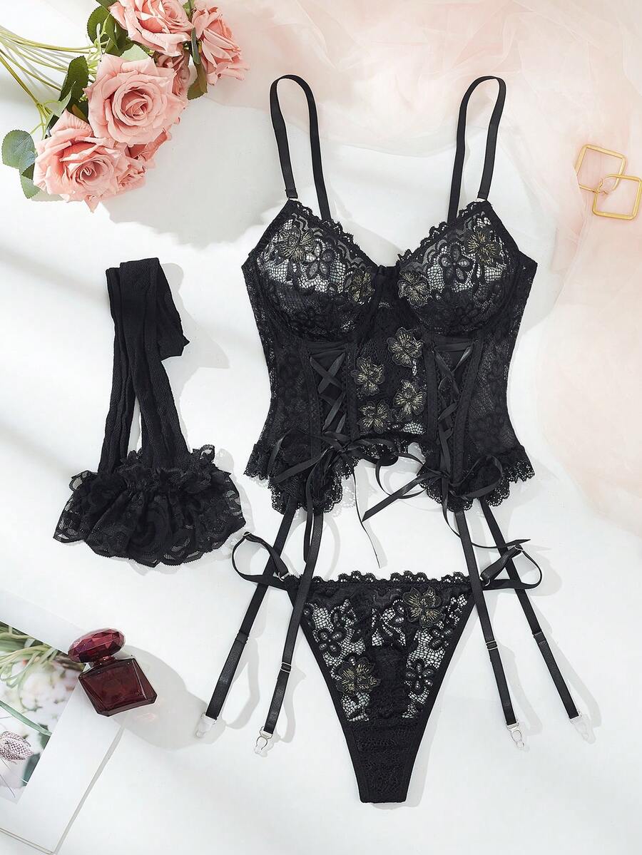SHEIN 4 Pieces Romantic Lace Women's Sexy Lingerie Set For Going Out - Black - View 1