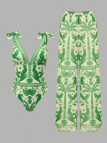 Swim Oasis Women's Beach Vacation Casual One Piece Swimsuit & Skirt Set - Multicolor - View 1