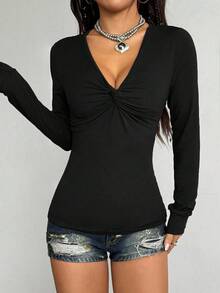 Jeanoix Women's Casual Solid Color Twist Knot V-Neck Long Sleeve T-Shirt - Black - View 5