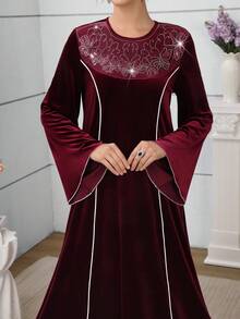 Al Najma Women's Elegant Velvet Colorblock Rhinestone Collar Patchwork Dress, Fashionable For Autumn/Winter Kaftan Jalabiya Dress - Burgundy - View 3