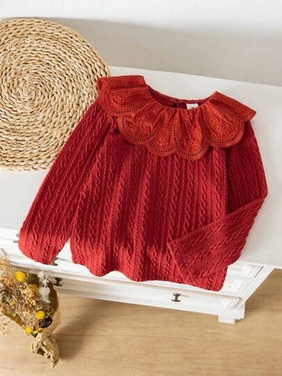 Genkimix Kids Young Girl Round Neck Lace Trim Solid Color Long Sleeve Casual T-Shirt