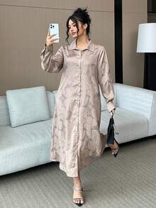 Dazy Plus 大码女式宽松碎花翻领长袖中长连衣裙，春夏吊带裙 - 棕色 - 查看 5