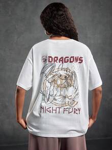How to Train Your Dragon Women's Casual Letter & Cartoon Pattern Short Sleeve T-Shirt, Summer - White - View 3