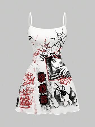 Anime Abito da donna con stampa calligrafica di slogan, ragazza magica oscura, fiamma dell'occhio e ragno, stile orrore scuro