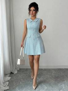 Elenzga Đầm nữ màu xanh lục lam, chất liệu vải dệt họa tiết, cổ chữ V, cổ bèo nhún, dáng chữ A thanh lịch, thiết kế thắt eo, trang trí cúc ngọc trai kim loại, có túi độc đáo, thích hợp cho giáo viên, hẹn hò, sinh nhật, tiệc tùng. - Màu xanh lam - Xem 4