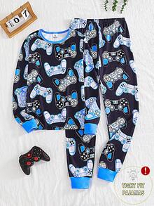 Snug Fit  Colorful Game Console Print Pajamas 1 Set Teen Boys Glow-In-The-Dark Gaming Print Snug Fit Knit Crew Neck Long Sleeve Top And Pants Pajama Set - Navy Blue - View 1